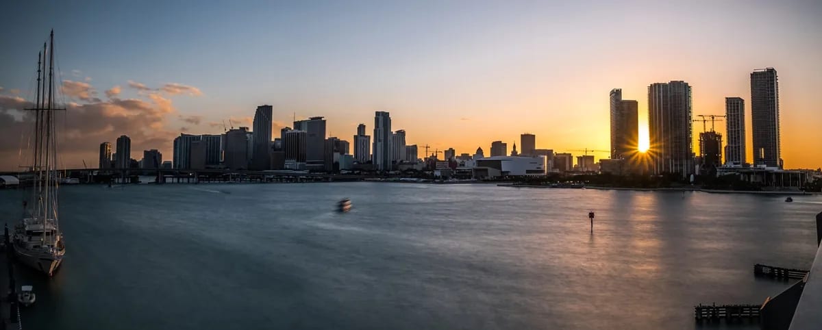 Skyline of downtown Miami, Florida, USA at sunset