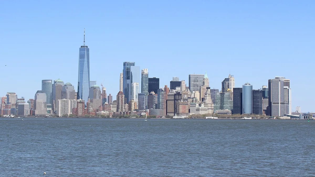 Skyline of Lower Manhattan, New York, USA from Liberty Island