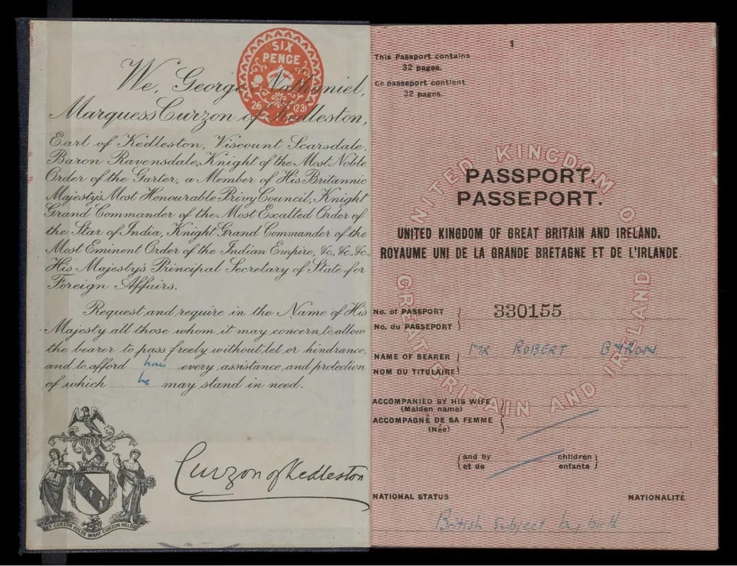 Detail of a passport booklet (historic 1923 UK passport, illustrative)