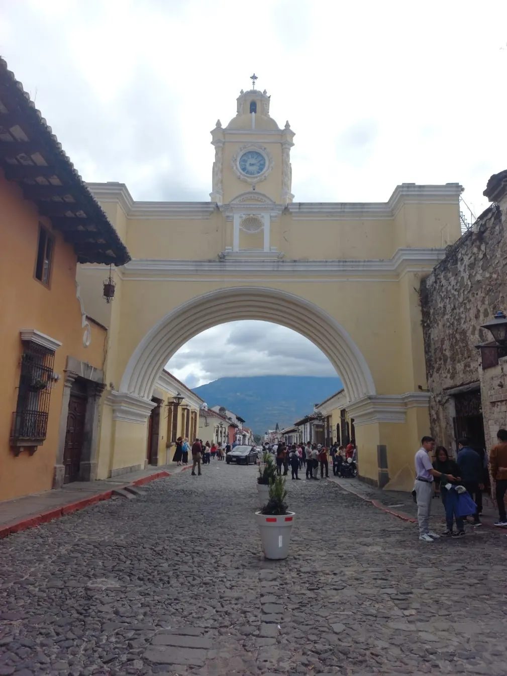 Close-up of the Santa Catalina Arch in Antigua Guatemala along Calle del Arco