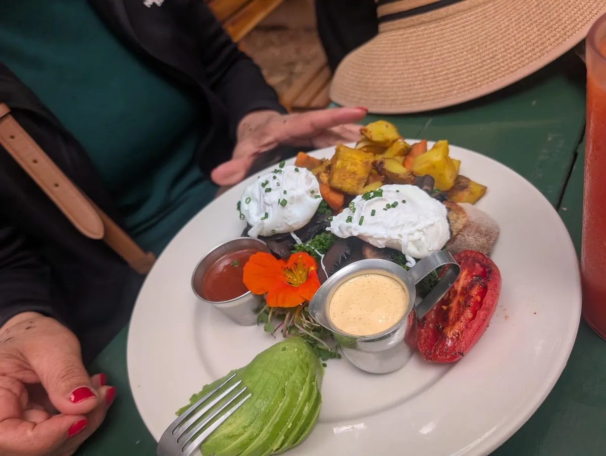 Portobello mushroom breakfast plate at Caoba Farms near Antigua Guatemala