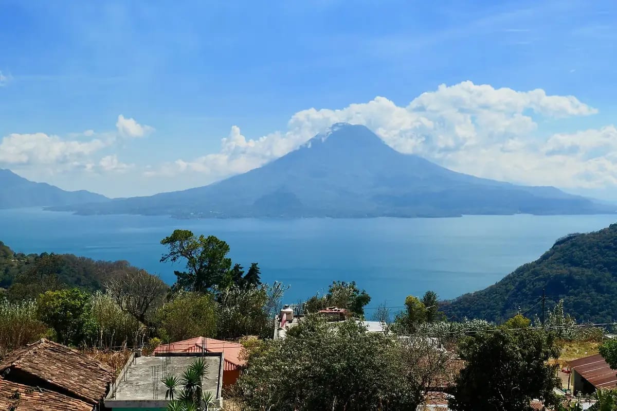 Lake Atitlan with the Toliman, Atitlan, and San Pedro volcanoes in Solola, Guatemala