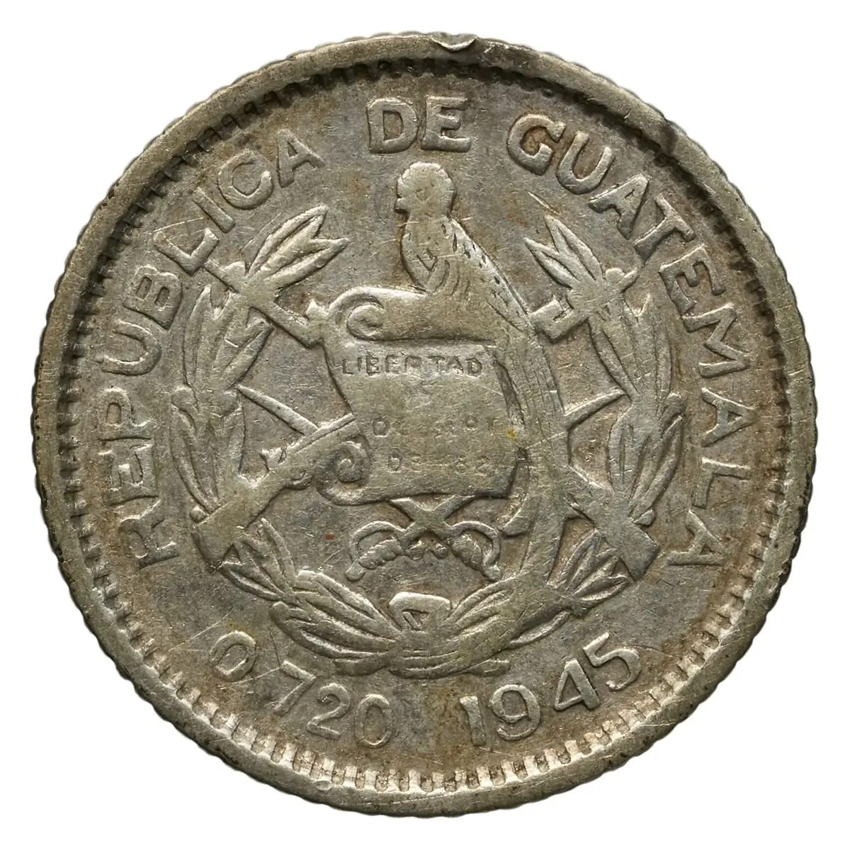 Moneda historica guatemalteca de 5 centavos (1945, coleccion del Banque de France)