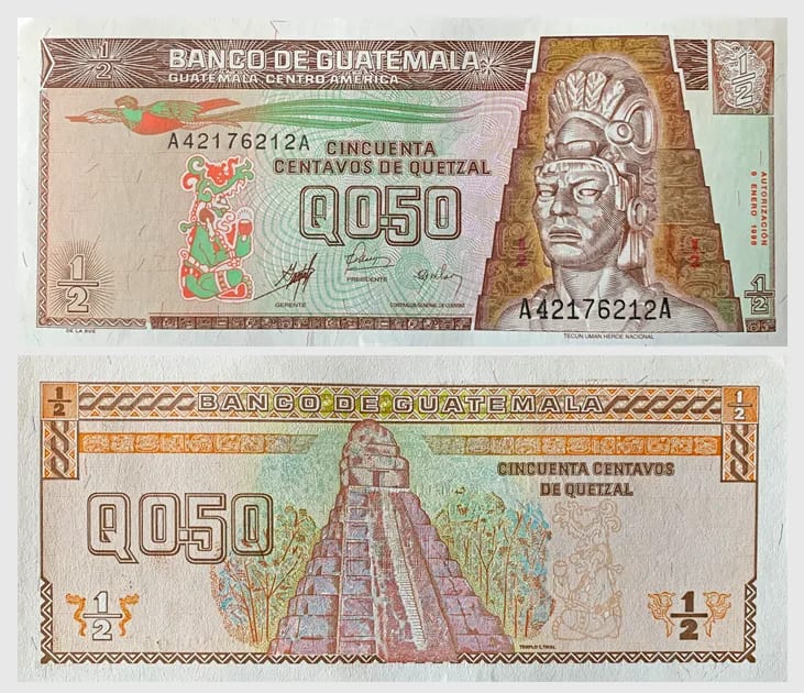 Ambas caras de un billete de quetzal guatemalteco