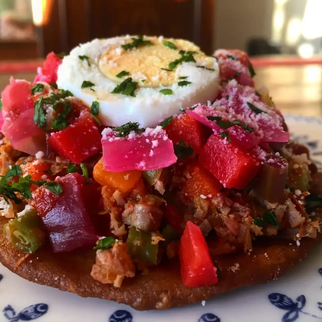 Enchiladas Guatemaltecas: Loaded Tostadas with Beet Curtido