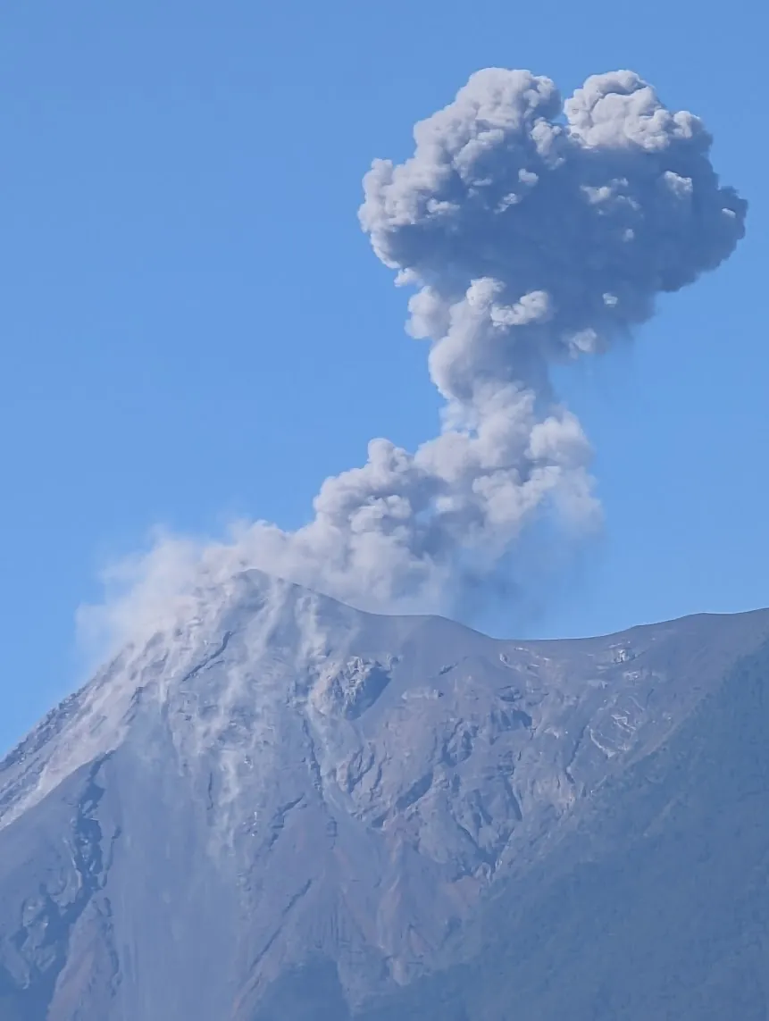 Close view of the summit of Volcan de Fuego with an ash column