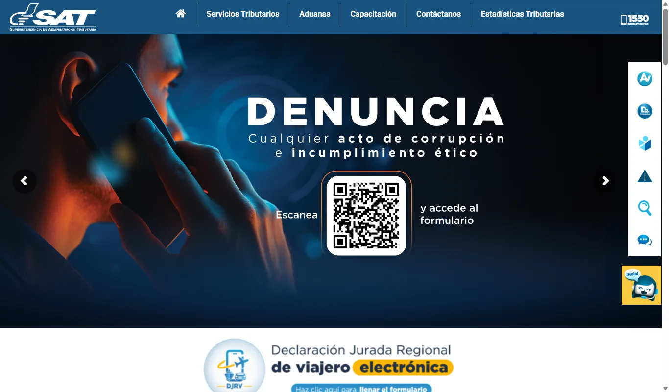 SAT (Superintendencia de Administracion Tributaria) portal principal portal.sat.gob.gt mostrando el logo institucional, las pestanas de navegacion superior (Servicios Tributarios, Aduanas, Capacitacion, Contactanos, Estadisticas Tributarias), el numero del centro de contacto 1550, la campana actual de 'Denuncia ciudadana de corrupcion' con codigo QR, y el acceso a la 'Declaracion Jurada Regional de viajero electronico'